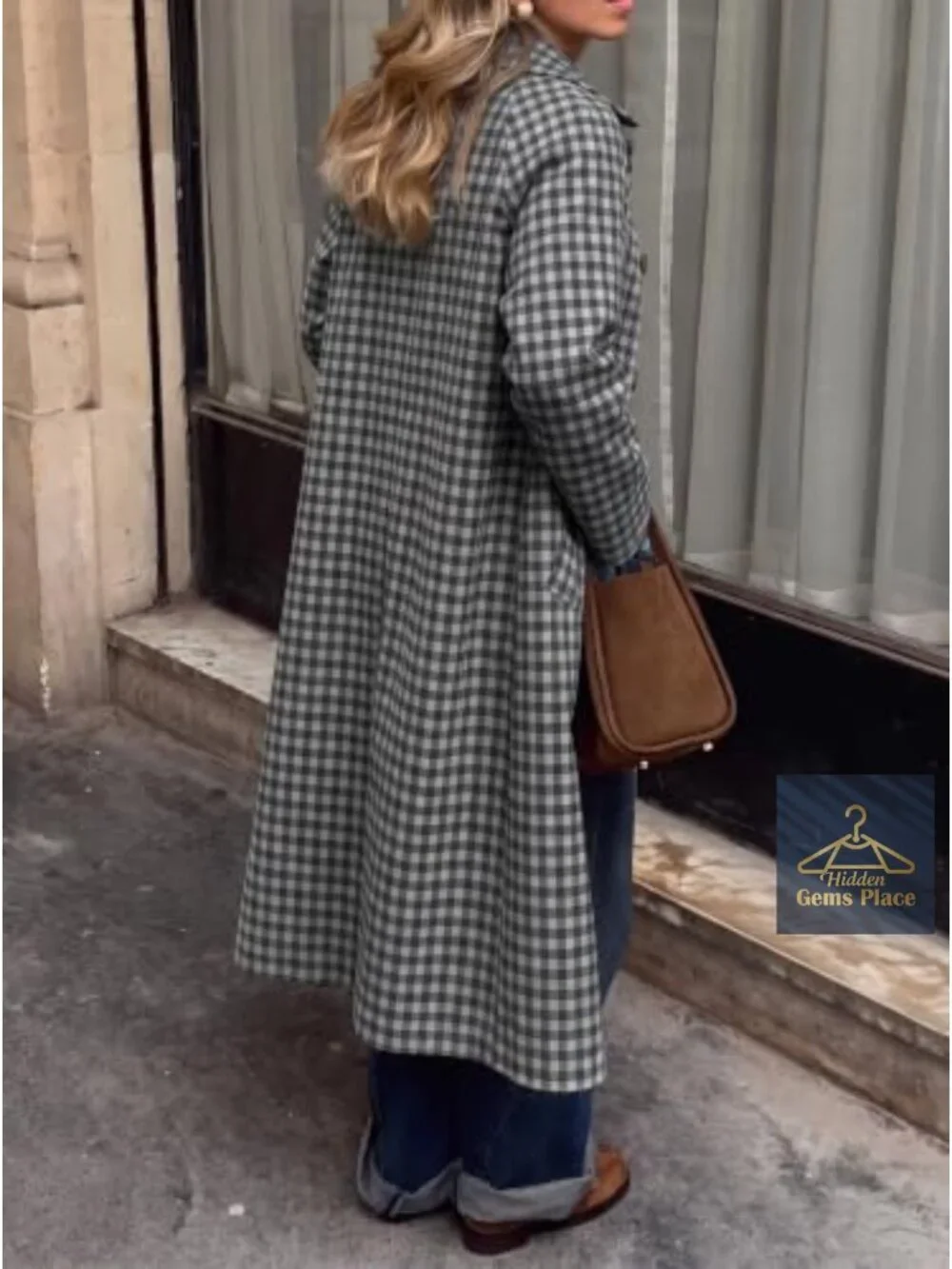 Women's Plaid Trench Coat Single Breasted Long Jacket Fall